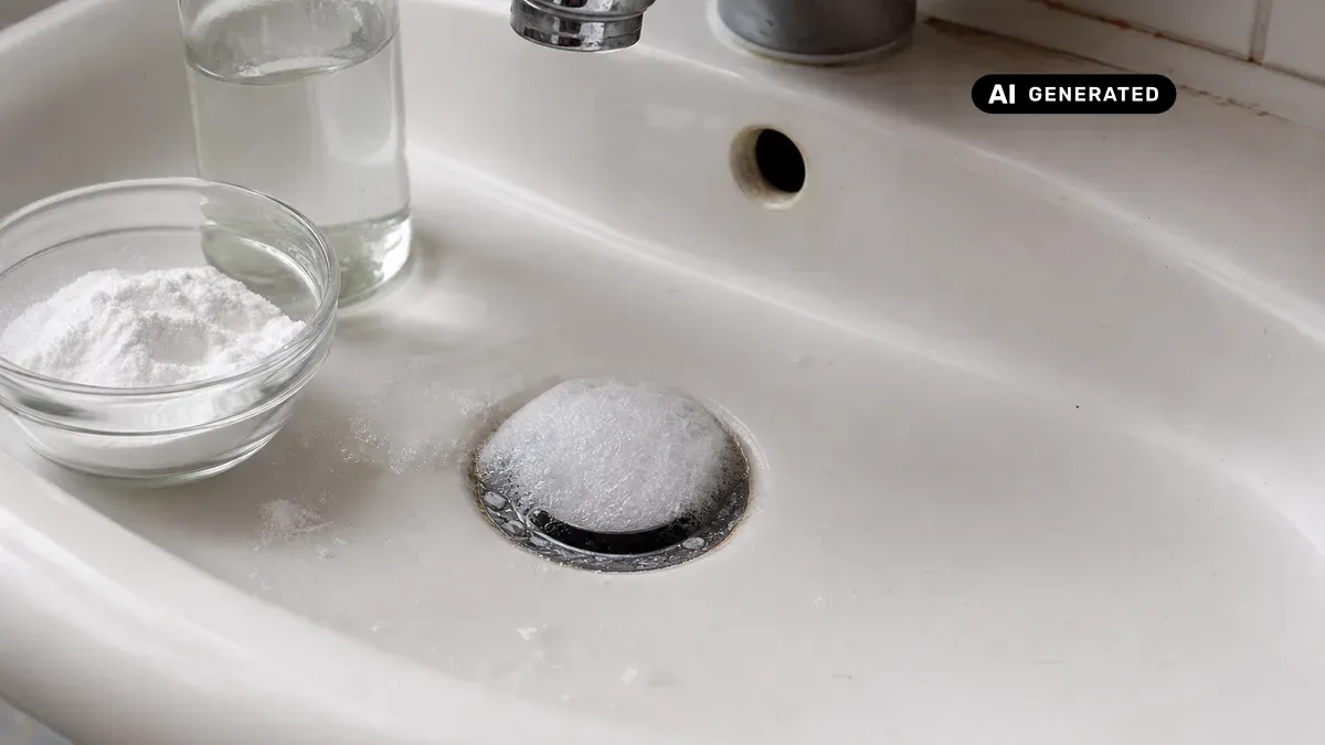 KI-generiertes Bild: Natron und Essig werden nacheinander in einen Waschbecken-Abfluss gegeben – das entstehende Schaum löst Ablagerungen im Rohr