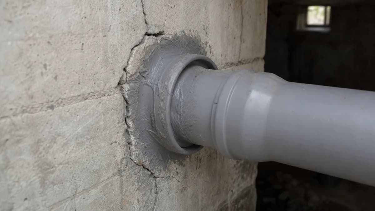 Handwerker trägt Dichtmasse an einer Kellerwand-Rohrdurchführung von außen auf