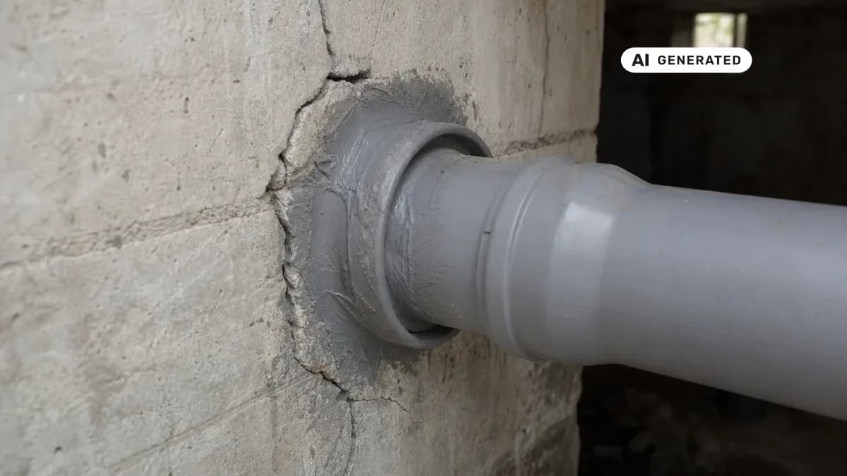 KI-generiertes Bild: Handwerker trägt Dichtmasse an einer Kellerwand-Rohrdurchführung von außen auf