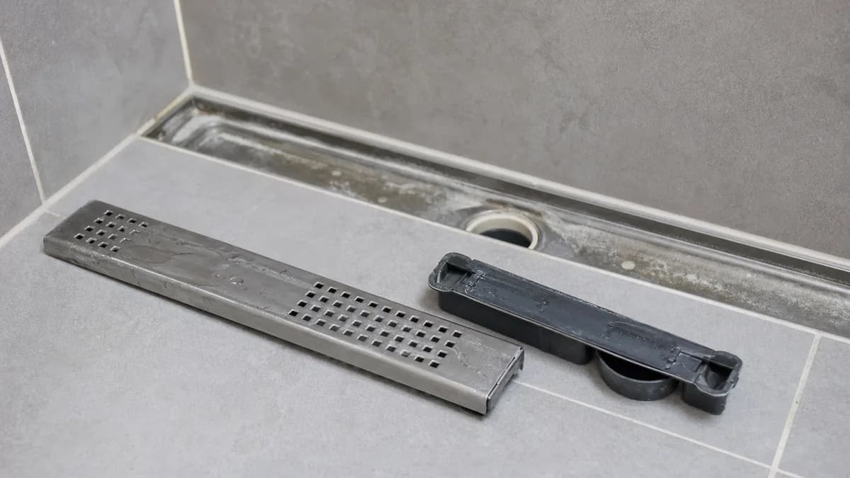 Bodengleiche Dusche mit Duschrinne – Nahaufnahme des Ablaufs mit herausgenommenem Haarsieb und Geruchsverschluss auf hellem Fliesenboden
