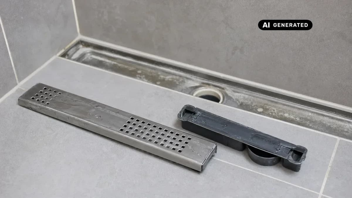 KI-generiertes Bild: Bodengleiche Dusche mit Duschrinne – Nahaufnahme des Ablaufs mit herausgenommenem Haarsieb und Geruchsverschluss auf hellem Fliesenboden