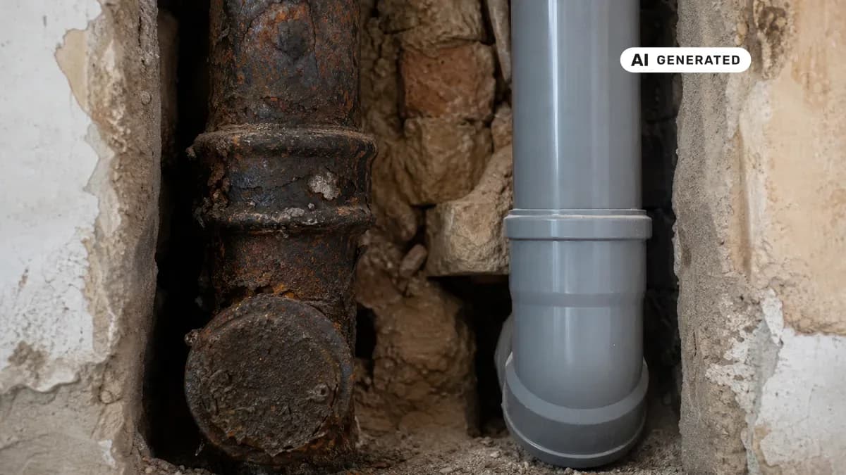 KI-generiertes Bild: Vergleich: stark korrodiertes altes Gussrohr neben einem modernen Kunststoffrohr in einer Altbau-Installationswand