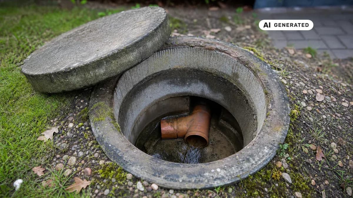 KI-generiertes Bild: Geöffneter Revisionsschacht des Abwasser-Hausanschlusses im Vorgarten mit Sicht auf das Anschlussrohr in Richtung Straße