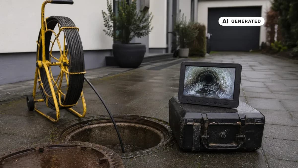 KI-generiertes Bild: Techniker schiebt eine Kanalkamera in einen offenen Revisionsschacht vor einem Einfamilienhaus, neben ihm zeigt ein Monitor das Live-Bild aus dem Abwasserrohr