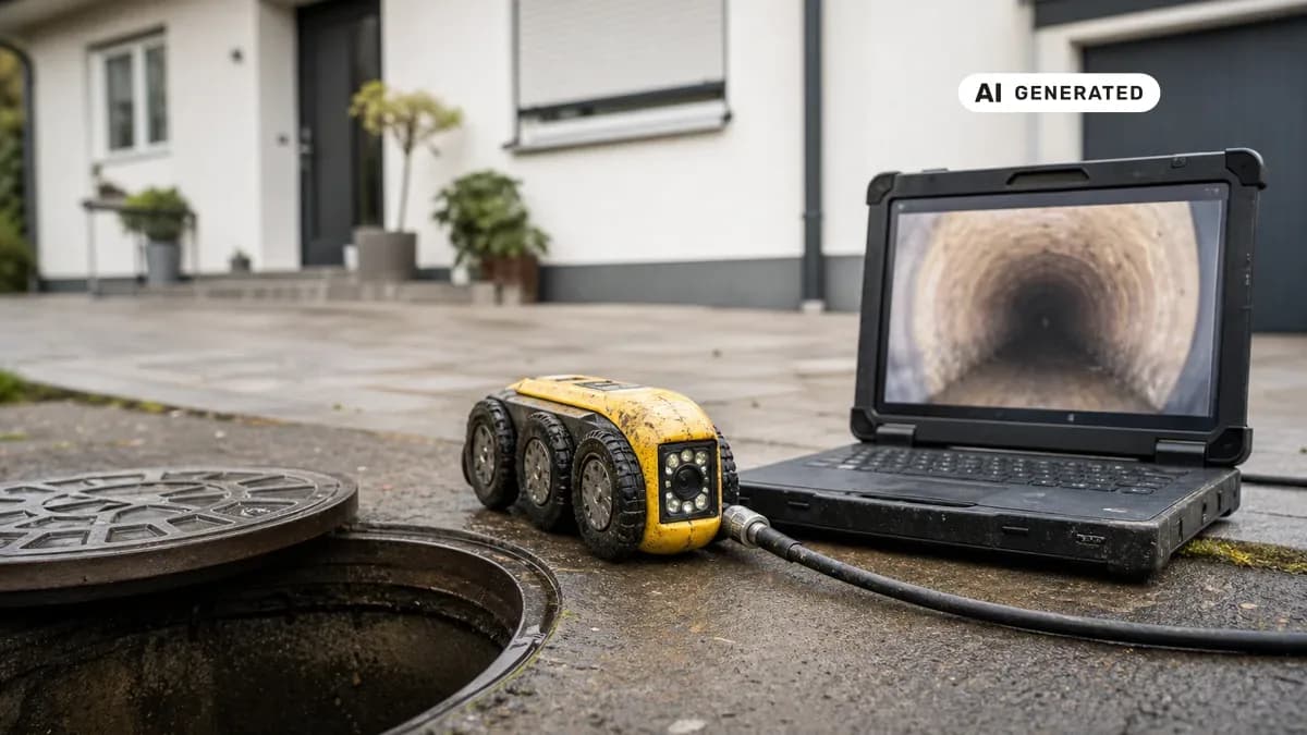 KI-generiertes Bild: Techniker führt Kanal-TV-Kamera in einen Revisionsschacht eines Einfamilienhauses ein und wertet das Livebild der Rohrinspektion auf einem Laptop aus