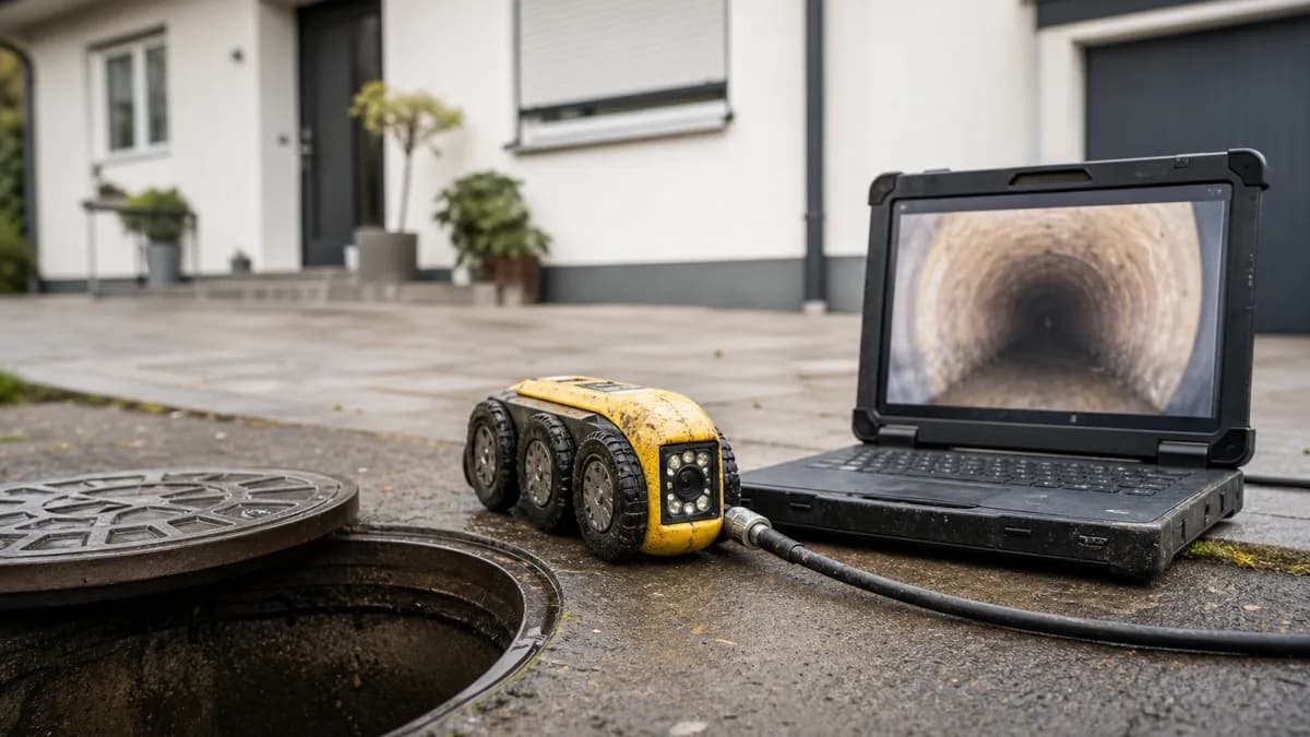 Techniker führt Kanal-TV-Kamera in einen Revisionsschacht eines Einfamilienhauses ein und wertet das Livebild der Rohrinspektion auf einem Laptop aus
