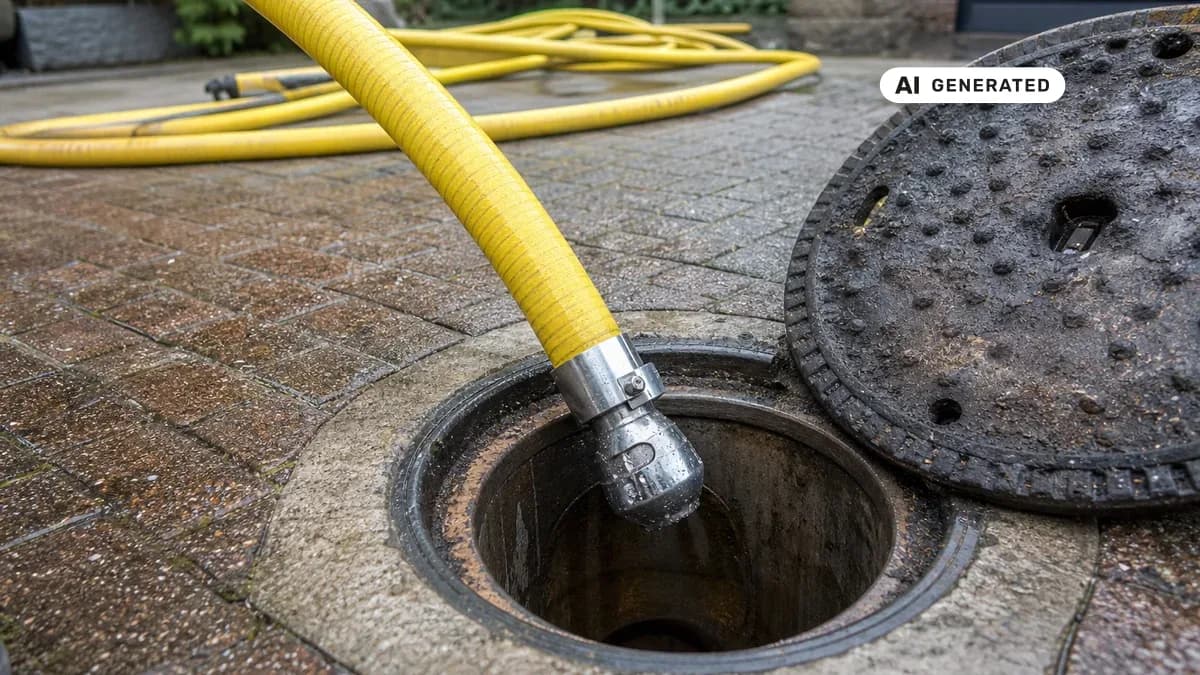 KI-generiertes Bild: Techniker schiebt einen Hochdruck-Spülschlauch in einen geöffneten Revisionsschacht einer Kanalleitung