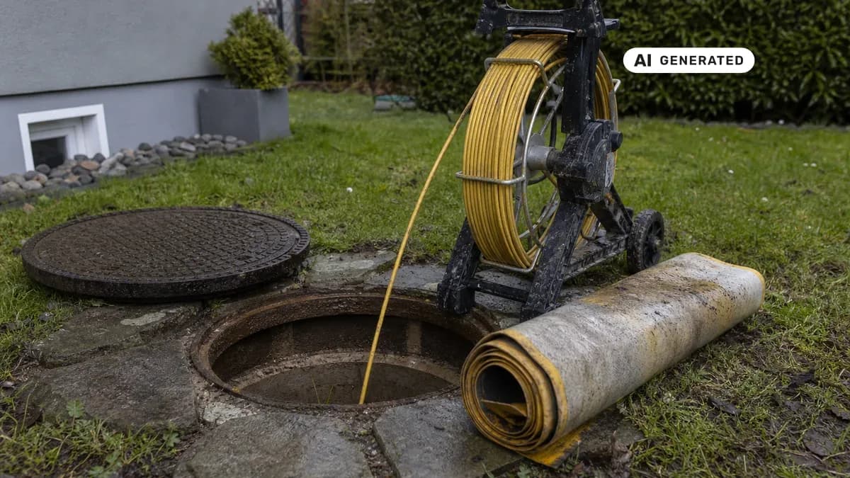 KI-generiertes Bild: Fachkraft untersucht an einem offenen Revisionsschacht im Garten eines Einfamilienhauses die Leitung mit einer Kamera, neben dem Schacht liegt ein zusammengerollter Schlauchliner