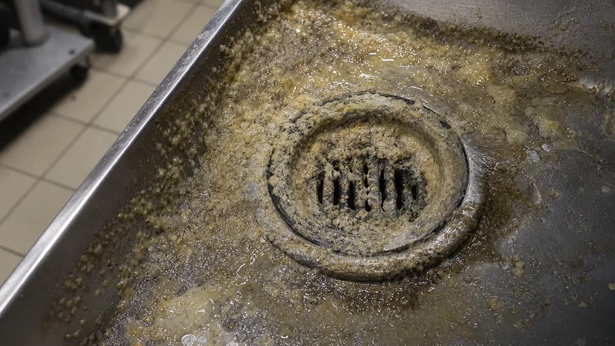 Blockierter Abfluss in einer gewerblichen Gastroküche mit sichtbaren Fettablagerungen im Ausgussbereich