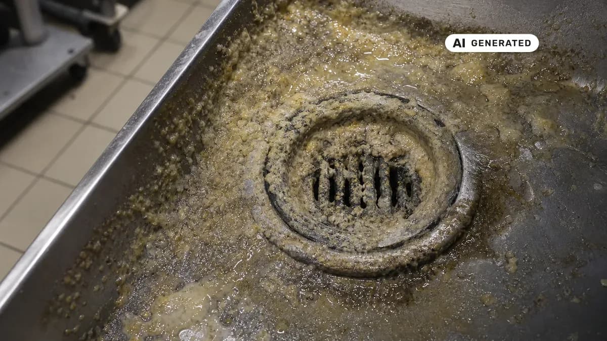 KI-generiertes Bild: Blockierter Abfluss in einer gewerblichen Gastroküche mit sichtbaren Fettablagerungen im Ausgussbereich