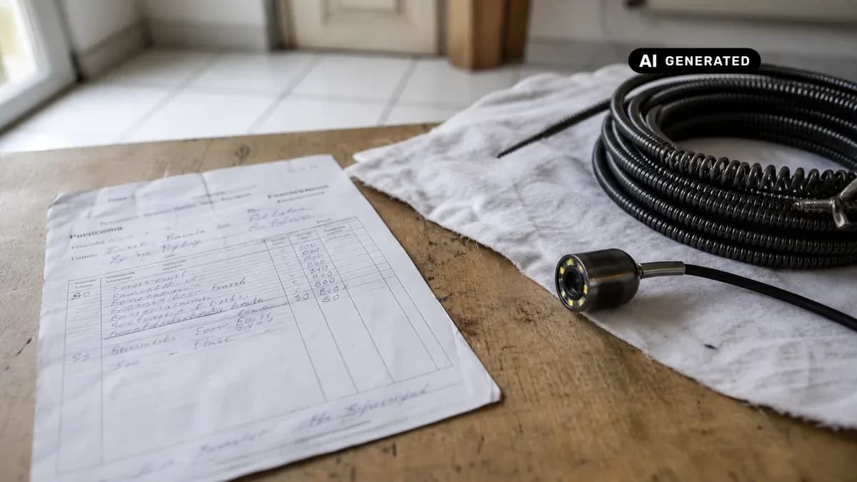 KI-generiertes Bild: Rohrreinigungstechniker mit Hochdruckspüler und Kamerasystem an einem geöffneten Kanalschacht in einem Wohngebiet