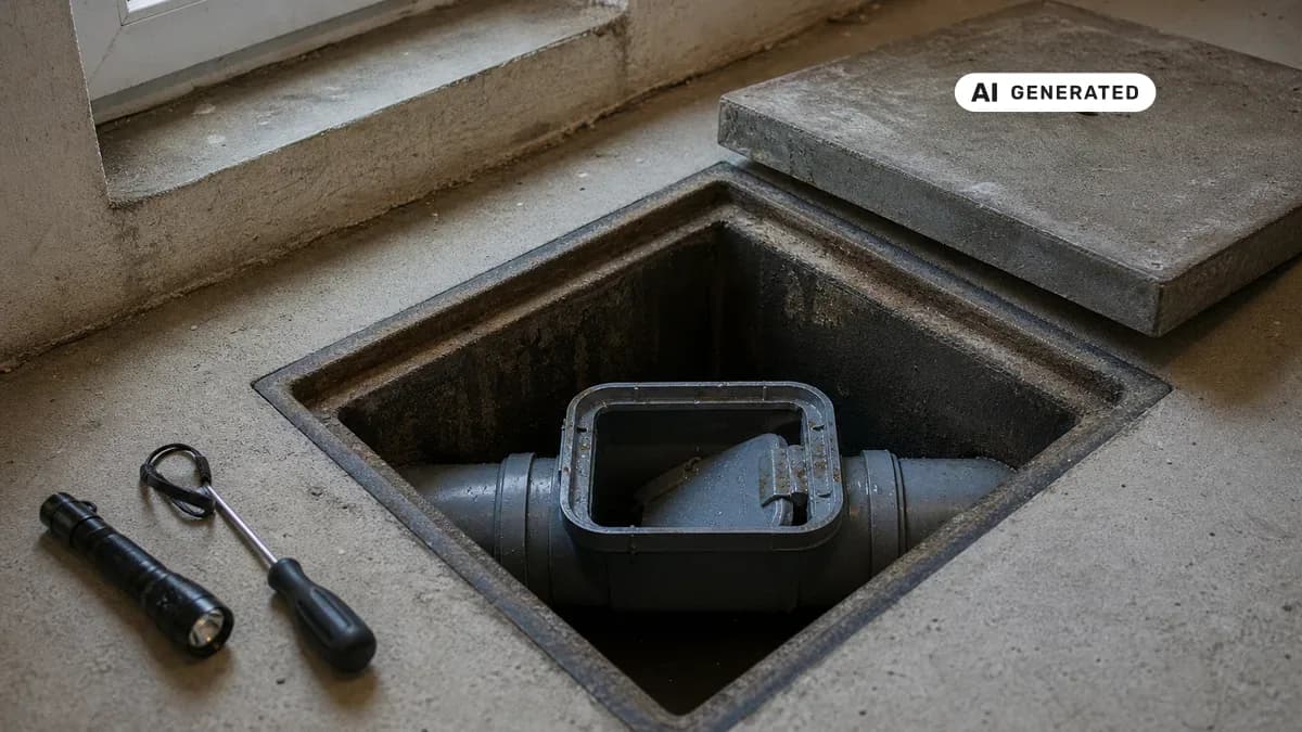 KI-generiertes Bild: Handwerker kontrolliert durch die Revisionsöffnung im Kellerboden eine geöffnete, waagerecht in der Grundleitung sitzende Rückstauklappe