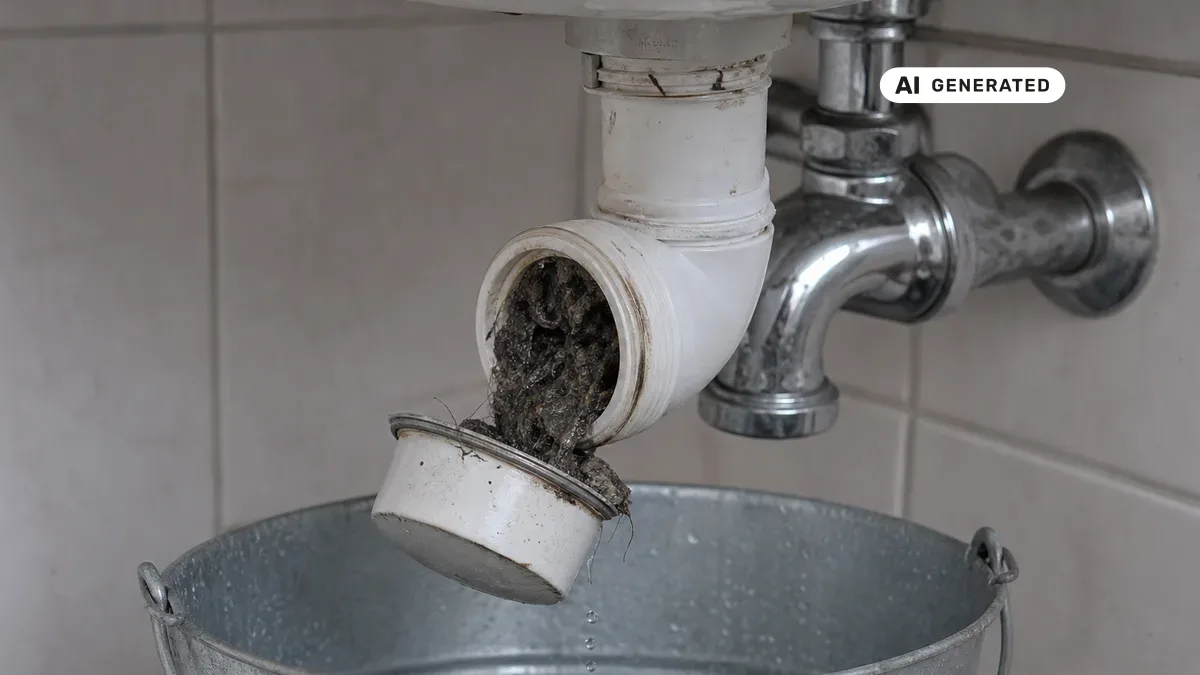 KI-generiertes Bild: Geöffneter weißer Kunststoff-Siphon unter einem Waschbecken wird von Hand gesäubert, darunter steht ein Eimer