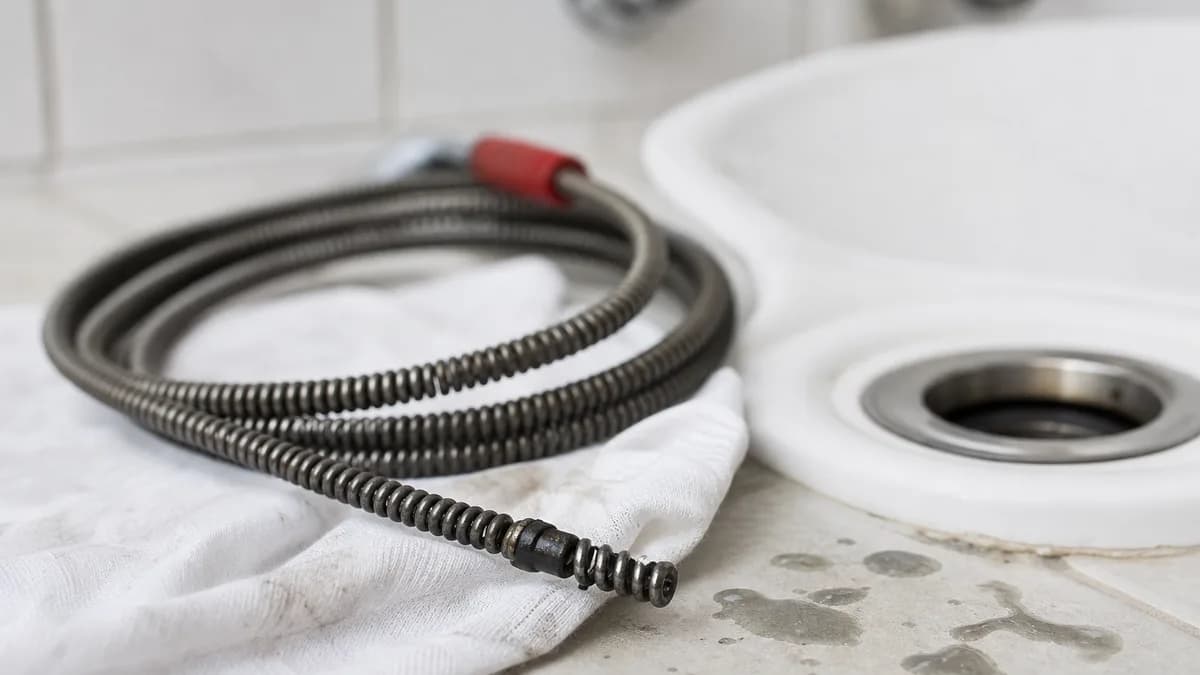 Fachmann führt eine Rohrreinigungsspirale in einen Abfluss ein, Nahaufnahme, professionelles Werkzeug