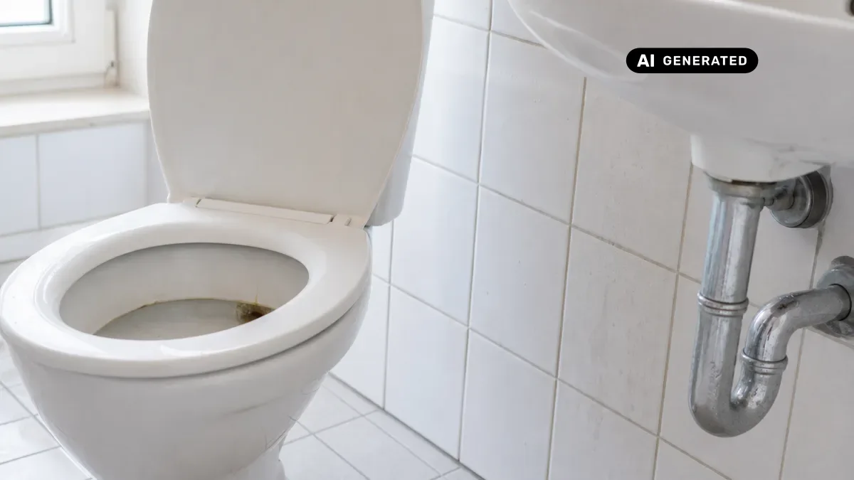 KI-generiertes Bild: Detailaufnahme eines Toilettenbeckens während ein Fachmann den Siphon unter dem benachbarten Waschbecken kontrolliert – ruhige, professionelle Arbeitsatmosphäre im Badezimmer