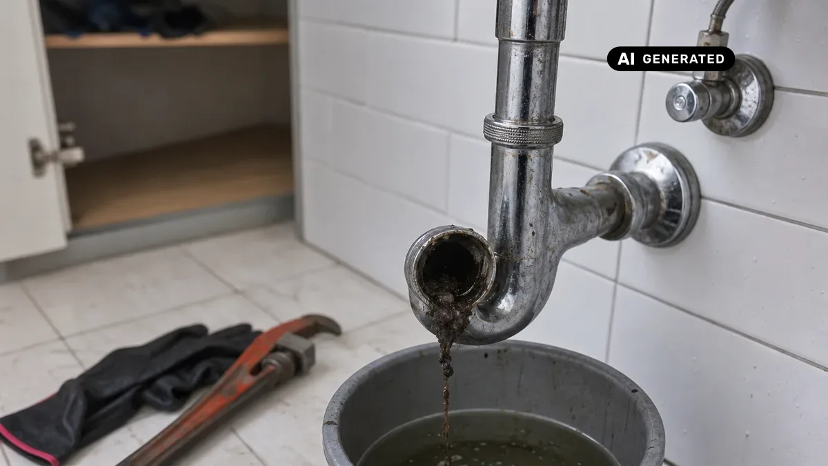 KI-generiertes Bild: Fachmann prüft verstopftes Abflussrohr unter einem Waschbecken in einer Mietwohnung