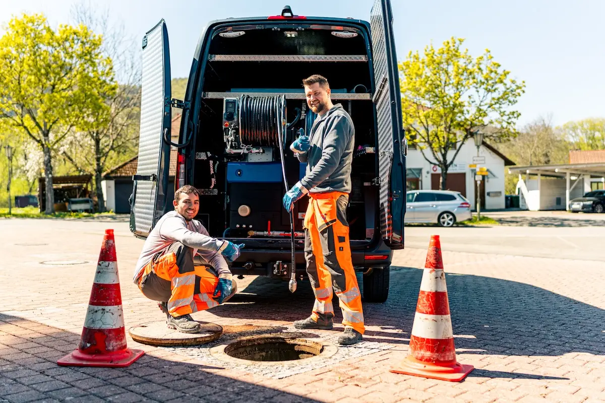 Techniker der Scheithauer Rohrreinigung bei der Kanalreinigung per Hochdruckspülung in Mössingen