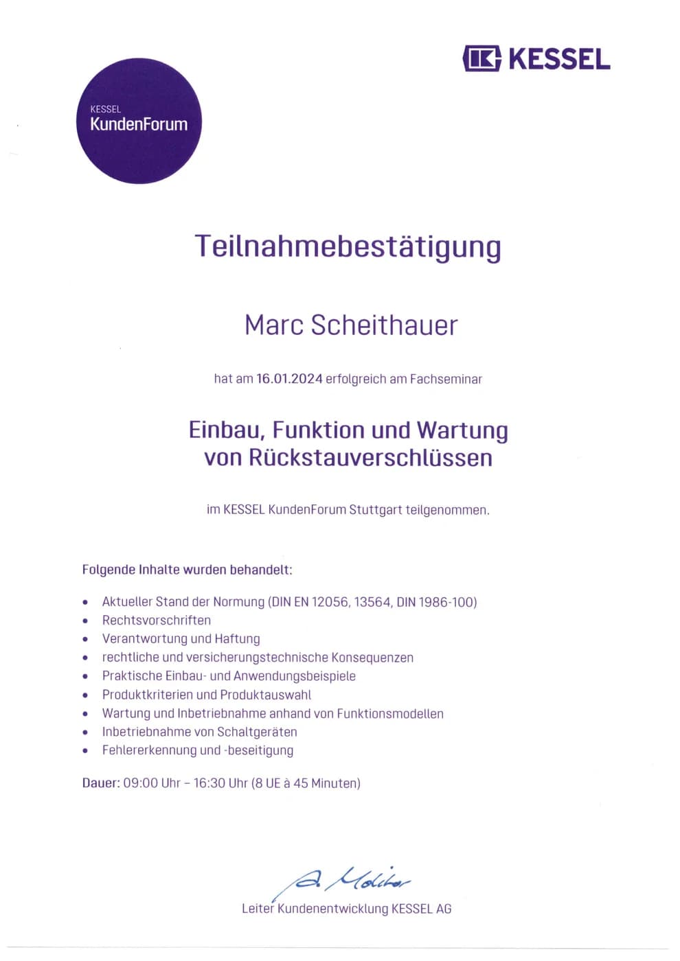 KESSEL-Teilnahmebestätigung Einbau und Wartung von Rückstauverschlüssen – Scheithauer Rohrreinigung